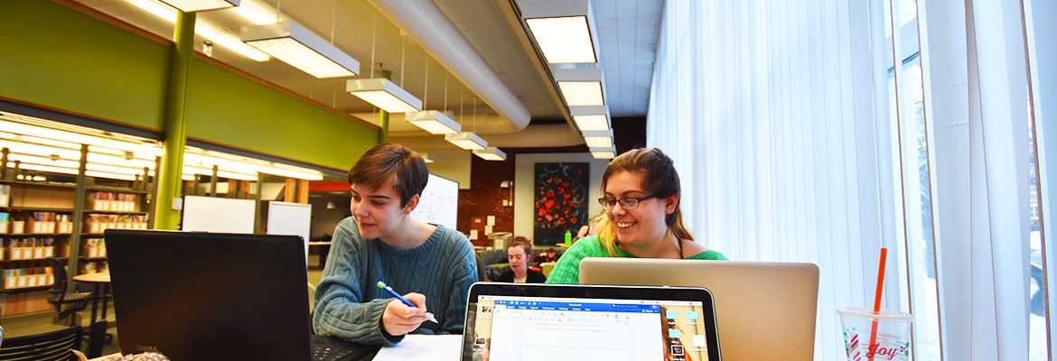 Two students studying in Mantor Library