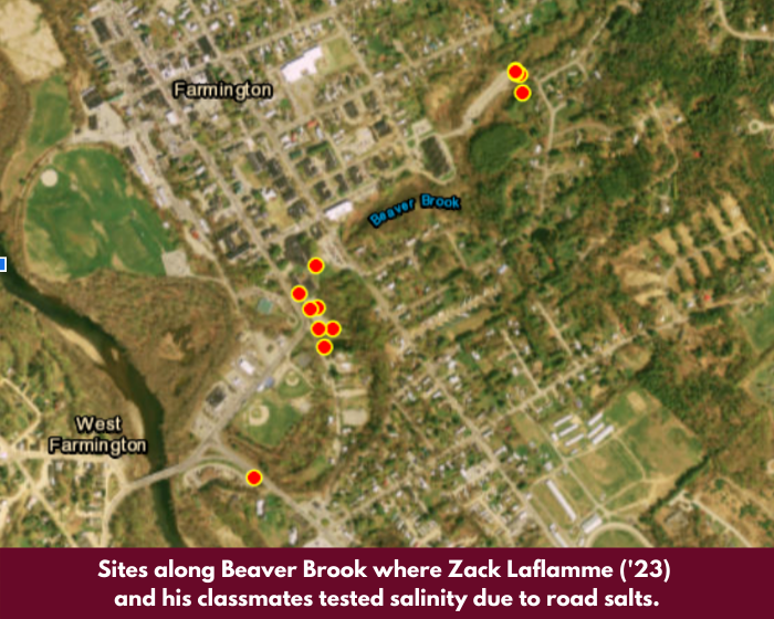 Sites on Beaver Brook where UMF students tested road salt salinity