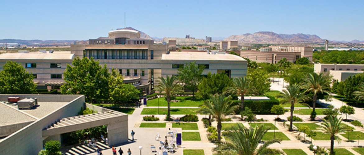Economics and Business campus building with vibrant patches of grass and palm trees.