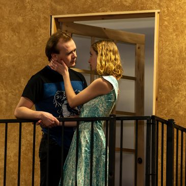 UMF student actors Eli Mowry (Kennebunc) and Audrey Bradbury (Eastport) profess their love as Romeo and Juliet in Shakespeare’s famous balcony scene.