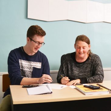 Daniel Mickiewicz, (left) UMF Actuarial Science student says, “Professor Koban (right) is a wonderful advocate for students. She’s our number one resource.”