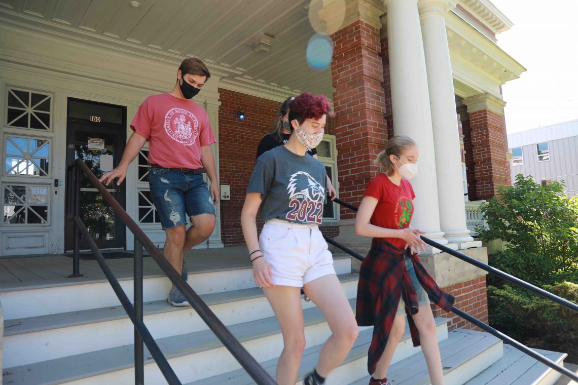 UMF students on the Farmington campus observe face covering and social distancing guidelines to help limit the spread of Covid-19 and protect the campus and local community.