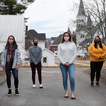 : UMF Peer Care Managers (from left to right) Brianna Hinckley, Sam Folsom, Hunter Ellis and Madison Vigeant, provide peer support in many forms and help student’s experience with quarantine and isolation be less stressful.